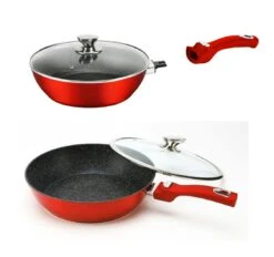 Cheffinger WOK Pfanne 30cm Induktion Aluguss Mit Deckel Antihaft Bratpfanne Abnehmbarer Griff Marmorbeschichtung Gastronomie Home Wokpfanne Rot